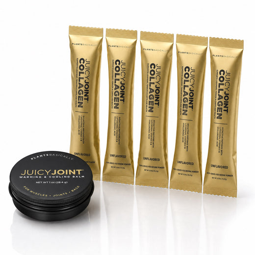 A tin of Juicy Joint warming and cooling balm beside five gold sticks of Juicy Joint Collagen