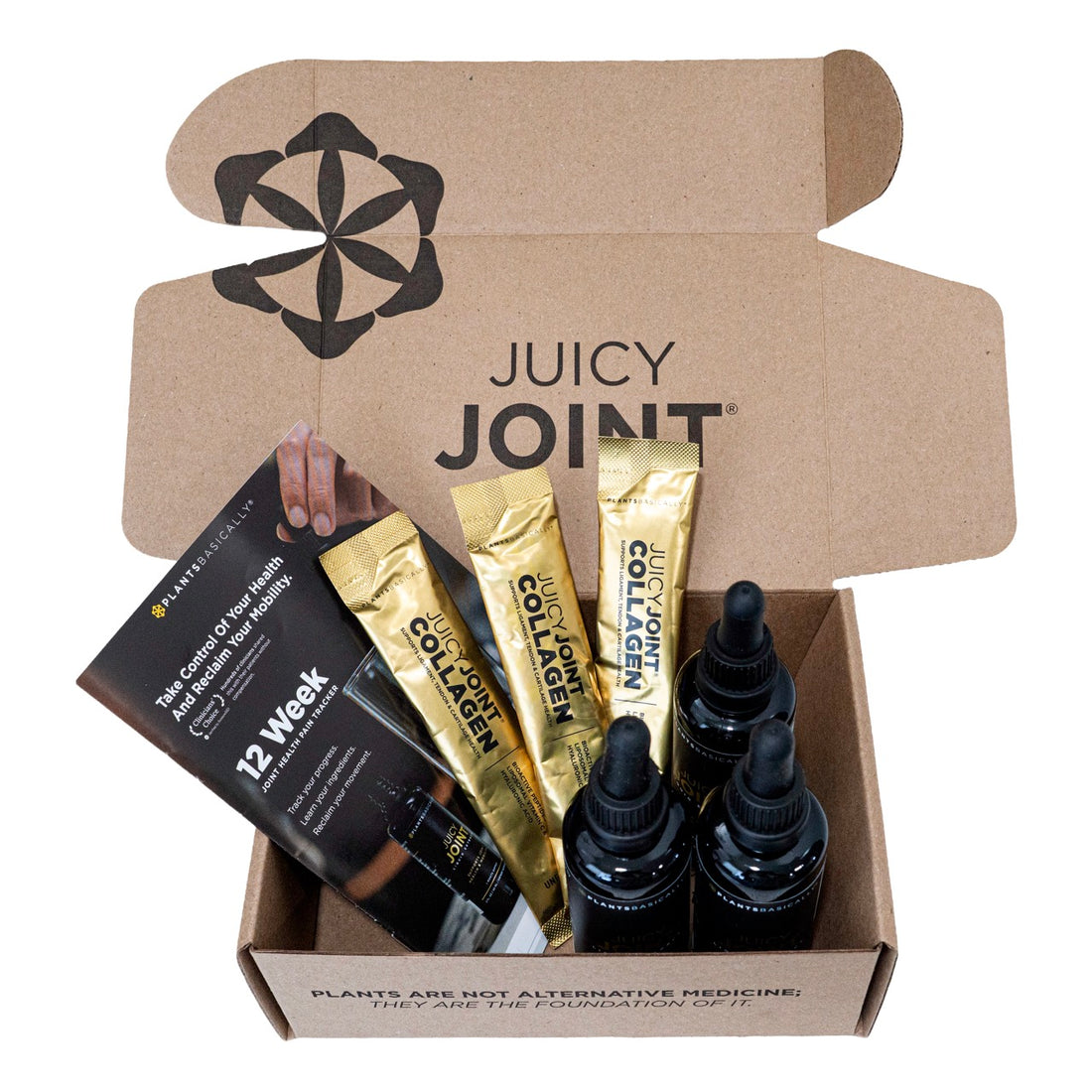 The 90-day welcome kit: three bottles of Juicy Joint with a joint health tracker, collagen sachets, the 90 Day Disc Guide ebook and the pain tracker app